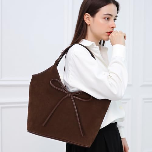 Image of Suede Shoulder Handbags Hobo Tote Bag for Women 2024, Brown Winter Suede Bow Purse