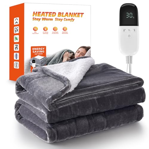 Lillo Heated Blanket, 160 * 130cm Electric Blanket with 25 Heat Levels, 12H timer, Fast Heat, Overheat Protection, LED Display, Machine Washable Heated Throw Blanket for Bed, Sofa, Office(Grey)