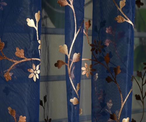 Image of littlelotus Floral Print Tissue Net Sheer Transparent Grommet Curtains for Door 7 feet Long Set of 2, Navy Blue