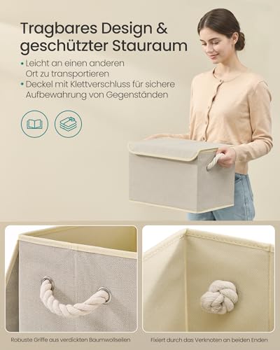 SONGMICS Aufbewahrungsbox mit Deckel, 3er Set, klappbar, Stoffboxen, Aufbewahrung, Organizer, für Kleiderschrank, Griffe, für Schlafzimmer, Wohnzimmer, 38 x 25 x 25 cm, sandbeige RFB013LZ01