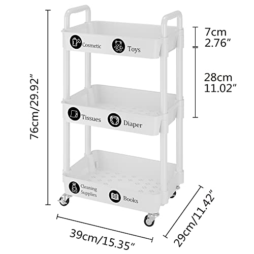 Udear 3-Tier Rolling Utility Cart With 12 Category Labels,Multifunctional Storage Shelves With Handle And Lockable Wheels For Room,Office,Kitchen,Bathroom,White #TOP5