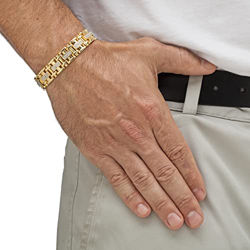 Palmbeach Jewelry Men's Yellow Gold-Plated Genuine Diamond Accent Link Bracelet (14Mm), Box Clasp, 8.5 Inches #TOP2