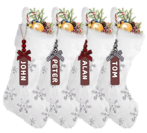 DTYDECLE 4 Pack Christmas Stockings, White Faux Fur Large Plush Hanging Glitter Snowflake Xmas Stockings for Christmas Fireplace Personalized Decorations Socks