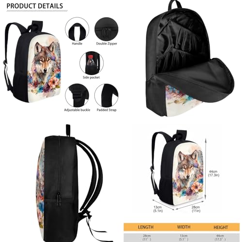 Renewold 3pcs Kids Teens Backpack Set Wolf Flower Print with Lunch Box Pencil Case Preschool Primary Middle School Student Bookbag School Backpacks Laptop Backpack Boys Girls Book Bag3