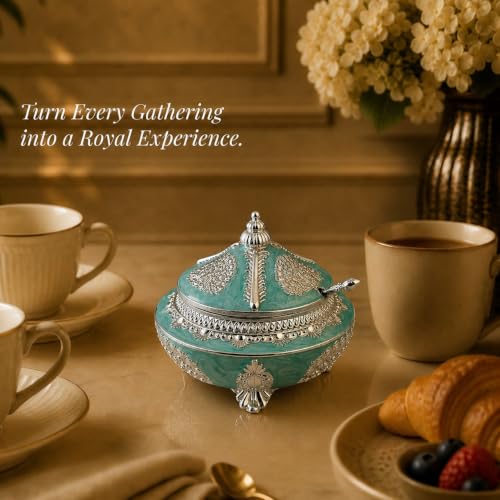 Image of Diviniti Silver Plated Peacock Sugar Pot with Lid | Decorative Storage Jar for Sugar, Mouth Fresheners & Small Essentials | Luxury Home Decor Item for Kitchen, Dining Table & Gifting (Teal Green)