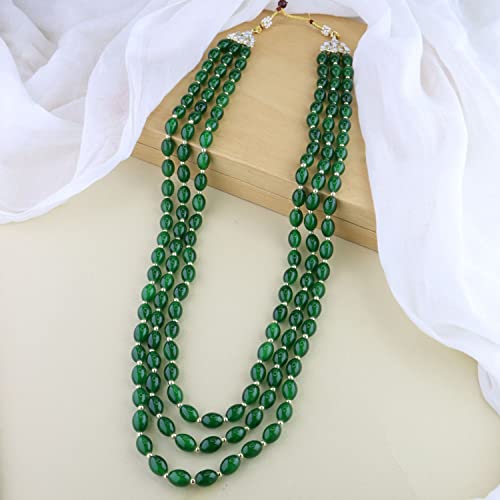 Image of I Jewels 3 Layered Traditional Gold Plated Dulha Green Moti Mala with Beaded Maharaja Haar /Groom Necklace For Men(MLP46)