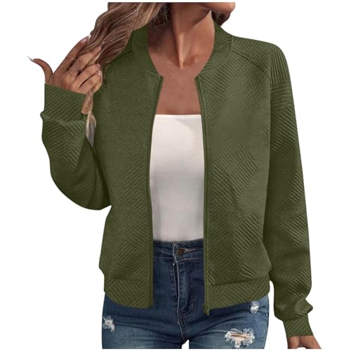 Col court élégant veste zippée pour femme texture d'automne manches longues vert