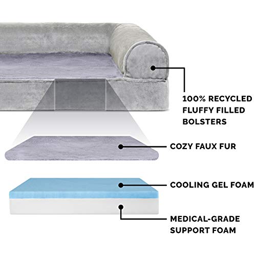 Furhaven Cooling Gel Dog Bed For Medium/Small Dogs W/ Removable Bolsters & Washable Cover, For Dogs Up To 35 Lbs - Faux Fur & Velvet Sofa - Smoke Gray, Medium #TOP2