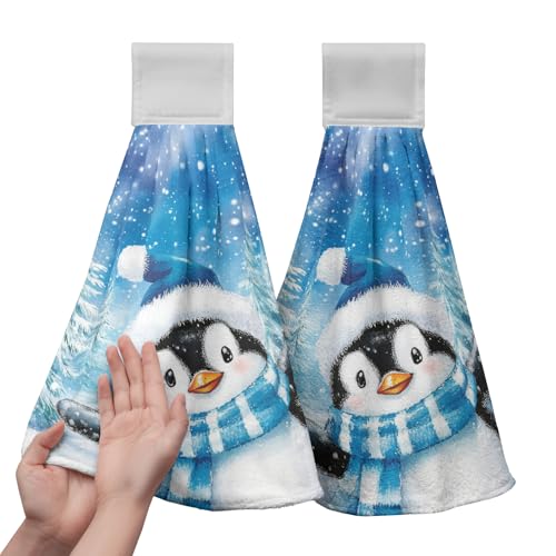 Winter Penguin Blue Kitchen Hanging Towels Set of 2 Cute Snowman Snowflakes Christmas Hand Towels with Hanging Loop Tea Bar Dish Cloths Dry Towel Soft Absorbent Fingertip Bath Tie Towel for Bathroom