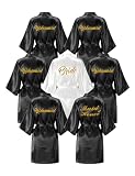 EPLAZA 7 Pcs Bride Bridesmaid Robes for Wedding Bridal Party Women Short Silky Satin Robe Kimono with Gold Glitters (White+ Black)