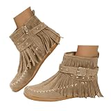 Boho Boots For Women 2025,Western Cowboy Fringe Faux Suede Retro Ankle Boots Round Toe Flats Winter Warm Outdoor Short Booties Zipper Tassel Pull On Low Heel Mid Calf Dress Shoes