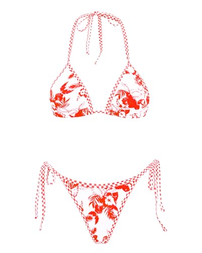 Image of Women's Triangle Bikini Set String Swimsuit Print Tie Smocked Ruched Two Piece Bathing Suit