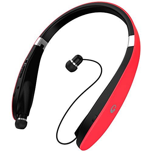 Bluetooth Headphones, Wireless Foldable Neckband Bluetooth Headset with Retractable Earbuds, V4.1, 16 Hours Playtime, Sports Sweatproof Noise Cancelling Earphones with Mic (Red)