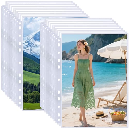 100 Pack 8x10 Photo Sleeves for 3 Ring Binder - Holds 200 Photos, Archival Safe, Acid-Free, Clear Plastic Page Protectors for Photo Albums, Postcards, Pictures by superaimi - Used condition - US$12.76