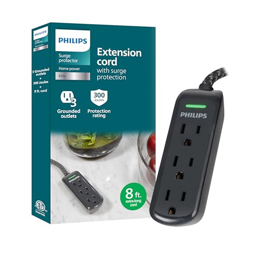 Philips 3-Outlet Grounded Extension Cord Long Extension Cord Flat Plug Surge Protector Power Strip 300 Joules UL Listed Black SPC3434BB/37