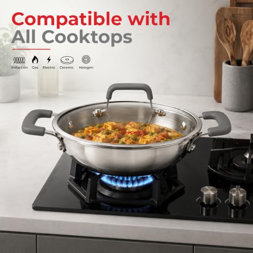 Image of Vinod Platinum Luxe Triply Stainless Steel Kadai with Glass Lid -22cm, 2.3L