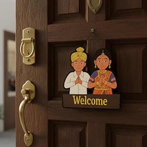 Image of EXPLEASIA Welcome Traditional Couple Decorative Wall Hanging Wooden Art Decoration Item for Home | Office | Living Room | Decoration Items| Home Decor| Wall Art | Wall Decoration (Multicolor)