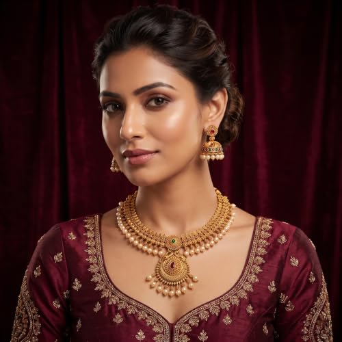 Image of Gold-Plated Antique Temple Jewellery Set for Women - Traditional Necklace with Large Peacock Pendant & Matching Jhumka Earrings | Ethnic Festive & Bridal Wear Set with Ruby & Emerald Accents