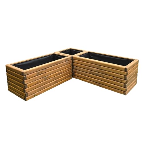 HolzGarden Set 3 Stück Pflanzkübel Holz 2X 80x40x40 cm & 1x 40x40x40 cm Imprägniert Farbe Teak Wetterfest Blumenkasten Blumentopf Groß Außen Balkon Garten Pflanzkasten Kiefernholz Serie FORNEA