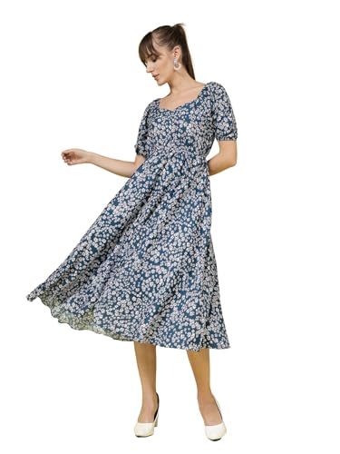 Image of OOMPH! Below Knee Shift Pink Dress in Crepe Fabric with Round Neck and Puff Sleeves - md619l