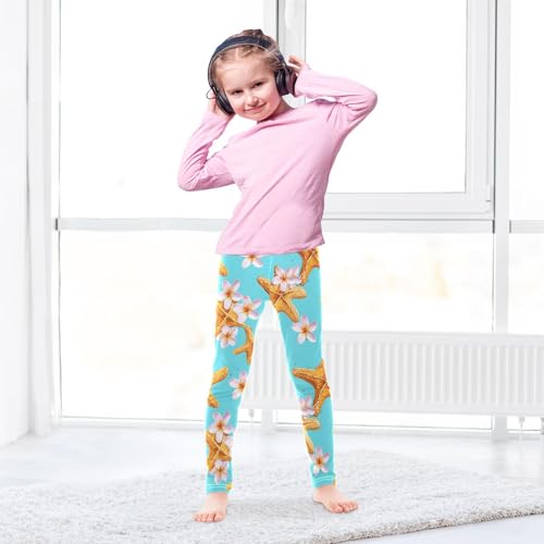Yellow Starfish Plumeria Flower Girls Leggings Soft Stretch Workout Yoga Dance Pants for Kids Casual Tights4