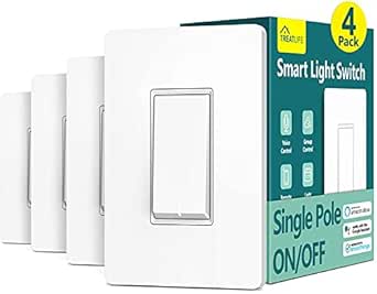 TREATLIFE Smart Light Switch Single Pole Smart Switch Works with Alexa, Google Home and SmartThings, in-Wall WiFi Light Switch, No Hub Required, Neutral Wire Required, FCC Listed,