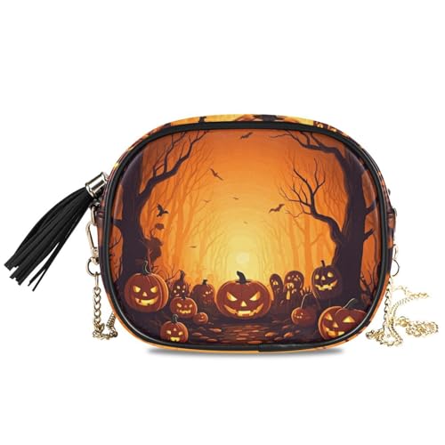Crossbody Shoulder Bag Tassel Purse Halloween Pumpkins Road PU leather Small Handbag Fashion Evening Clutch with Chain