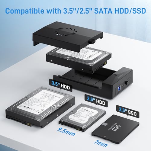 FIDECO Hard Drive Enclosure for 3.5 or 2.5 inch SATA HDD SSD, SATA to USB Adapter with Cooling Fan, External HDD Enclosure with 12V Power Adapter, Support UASP, Tool-Free, Plug and Play - Image 5