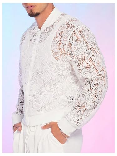 Image of WDIRARA Men's Floral Lace Bomber Jackets Long Sleeve See Through Outerwear | Zip Up Coats, Sexy, Sheer, Party, Concert Outfit