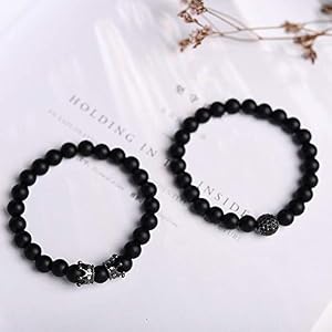 ZHEPIN 8mm Crown Charm Bracelet - Black Matte Onyx Stone Beads Stretch Bracelet For Men & Women