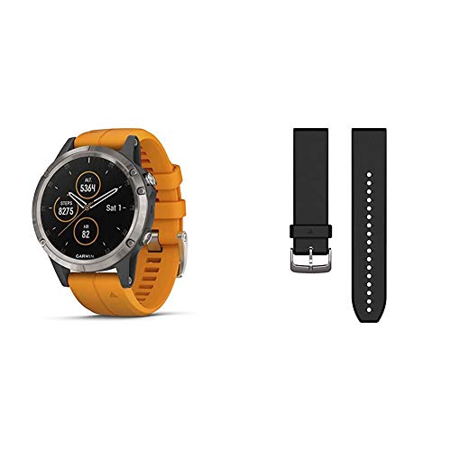 Garmin f?nix 5 Plus, Premium Multisport GPS Smartwatch, Titanium with Orange Band & 010-12740-00 Quickfit 22 Watch Band - Black Silicone - Accessory Band for Fenix 5 Plus/Fenix 5