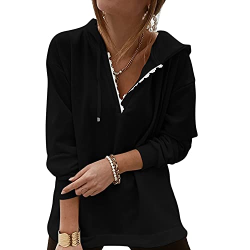 Women Warm Hoodies Side Split With Button Long Sleeve Drawstring Lace V Neck Hoodies Pullover Sweatshirts Black L
