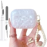 Olytop for Cute Glitter Airpods Pro 2nd/1st Generation Case 2023/2022/2019 with Cleaner Pen, Shell Pattern Air pod iPod Pro 2/1 Gen Cover Protective Skin Girl Women with Luxury Pearl Keychain - White