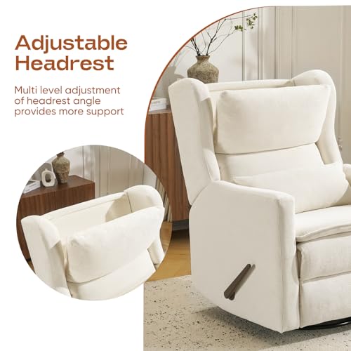Image of Swivel Rocker Recliner Chair,Glider Rocker Recliner Nursery Chair with Adjustable Headrest, Rocking Chair Nursery with Lumbar Support, Manual Recliner with Cup Holder and Side Pockets, White