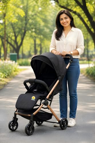 Image of Travel Mate Baby Stroller - Pre-Installed, Lightweight, Compact & Travel-Friendly | One-Hand Fold | Full Recline & 5-Point Harness | Newborn to Toddler (0-3 Yrs) | Elegant Rose Gold Frame - Black