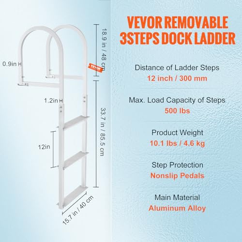 VEVOR Dockleiter 3 abnehmbare Stufen 227 kg Tragkraft, Ponton-Bootsleiter aus Aluminiumlegierung mit 8 cm breiter Stufe und Rutschfester Pedalen, für das Einsteigen in Schiffe/Seen/Schwimmbäder