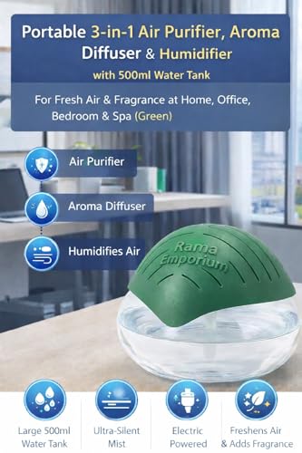 Image of Portable 3-in-1 Air Purifier, Aroma Diffuser & Air Humidifier with 500ml Water Tank - Electric Revitalizer for Fresh Air & Fragrance at Home, Office, Bedroom & Spa (Green)