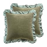 patdrea Green Shabby Chic Decorative Throw Pillow Covers 18x18 Set of 2,Farmhouse Linen Pillow Covers with Ruffles,Square Sturdy Throw Pillow Case for Couch Sofa Bed Living Room