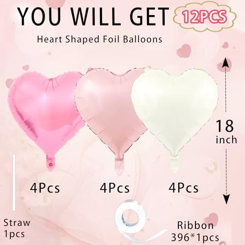 Image of Pink Heart Balloons,18inch Bright Pink Heart Shaped Foil Balloons & Pastel White Helium Mylar Balloon for Anniversary Wedding Engagement Birthday Party Baby Shower Decorations(12Pcs)