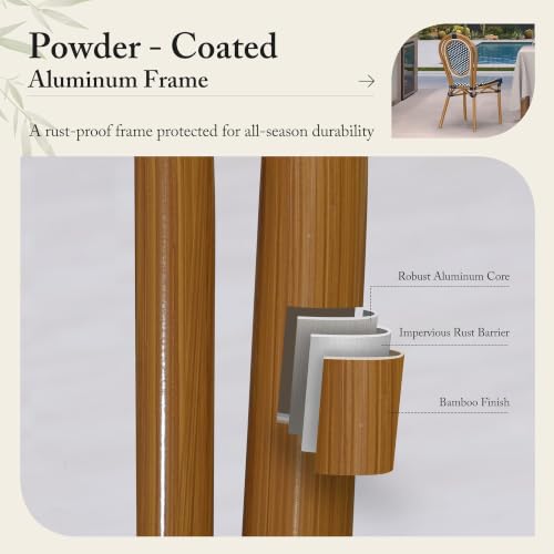 PURPLE LEAF Patio Dining Chair Set of 4 Outdoor French Aluminium Frame in Bamboo Finish with Navy Blue & White Woven Rattan for Indoor Kitchen Deck Bistros Cafe — view 4