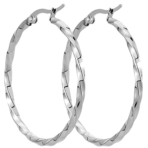 BONNYBIRD® Créoles Argent Femme Acier Inoxydable Torsadées Grande Boucles d'Oreilles Bijoux Hypoallergénique Chirurgical Sans Nickel Ete Boheme Fantaisie