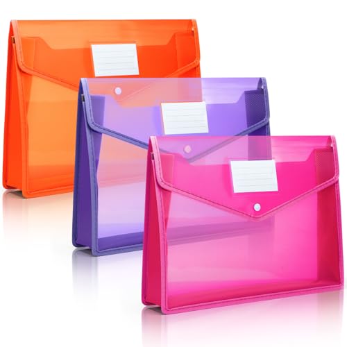 Epakh 3 Pack B4 Plastic Expanding File Folders Waterproof Transparent Expandable File Folder Wallet Document Organizer with Snap Button Closure for School Office Business (Pink Purple Orange)