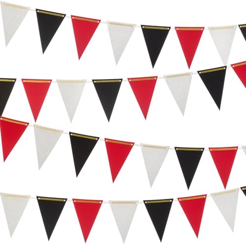 Image of MOWO Silver Black and Red Pennant Banner Paper Bunting Hanging Decoration for Graduation Birthday Retirement Halloween Party, Pack of 30 Counts Pennant, 20 feet