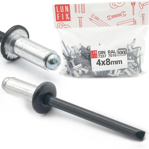 Rivetti ciechi in alluminio Pop Rivetti in acciaio, DIN 7337, 4 x 8 mm, 100 pezzi, RAL 7016, grigio antracite