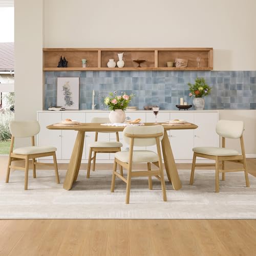 Image of CHITA 71 inch Modern Dining Table for 6, Rectangle Wood Kitchen & Dining Room Table, Solid Rubberwood Frame, Bentwood Legs, Oak Venner