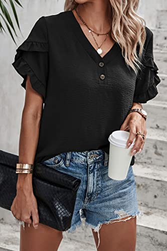 Ecoiwsh Womens Summer Tops Dressy Casual Ruffle Short Sleeve Tunics Shirts Blouses Spring Tops For Women Black L #TOP4