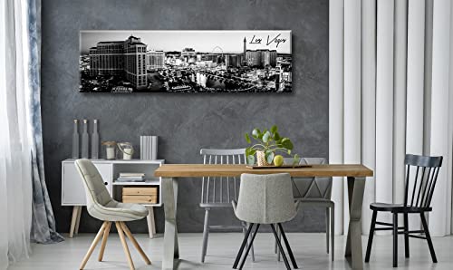Image of Las Vegas Skyline Wall Art for Living Room American Cityscape Canvas Prints Black and White City Bellagio Fountain Skyscraper Night View Panoramic Pictures Modern Building Poster Framed 13.8 inchX47.3 inch