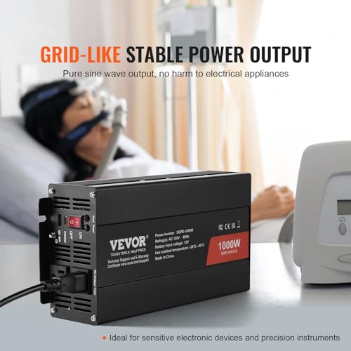 VEVOR 1000W Pure Sine Wave Inverter, DC 12V to AC 120V Power Inverter with 2 AC Outlets 1 USB Port 1 Type-C Port, Remote Control for Small Home Devices Like Smartphone Laptop, CE FCC Certified - Thumbnail 3