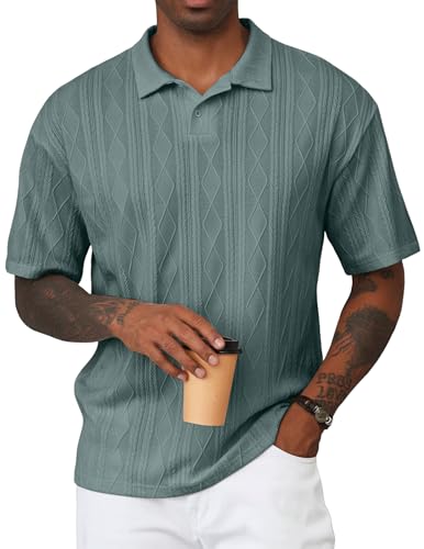 Jmierr Men'S Vintage Textured Polo Shirt Short Sleeve Cable Knit Pullover For Casual Business Retro Outfits, S, Cedar Geen