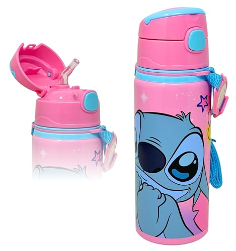 Aluminium Trinkflasche Mädchen für Stitch Fan 600ml (3-10 Jahre) Auslaufsichere Wasserflasche mit Strohhalm Tragegurt & Namensschild Für Kita & Schule